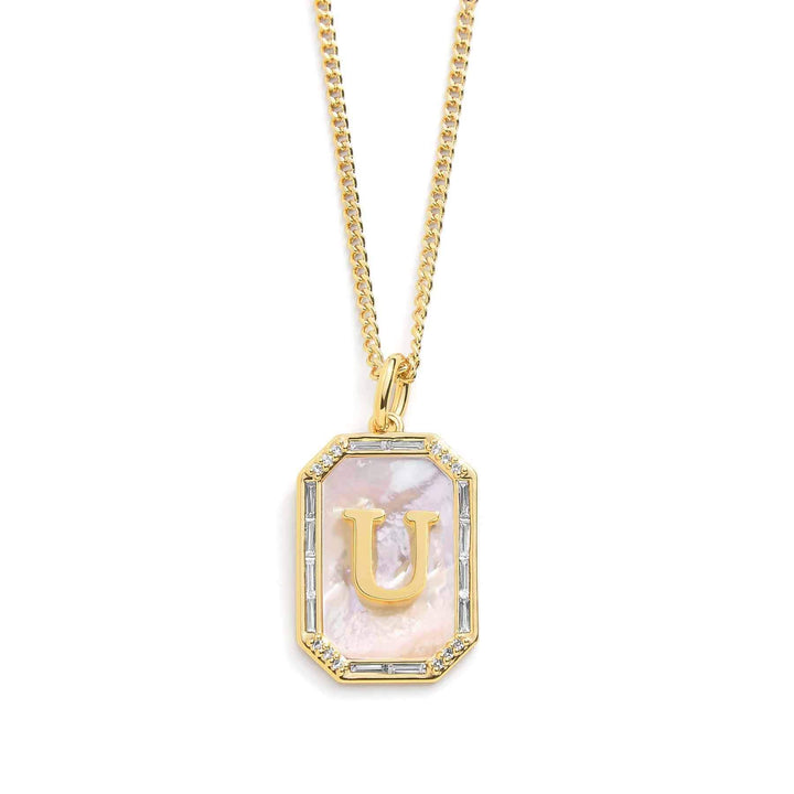 Elegant Mother Of Pearl Initial Necklace - Wearing Felicity Mother-Of-Pearl-Initial-Necklace-Gold-U