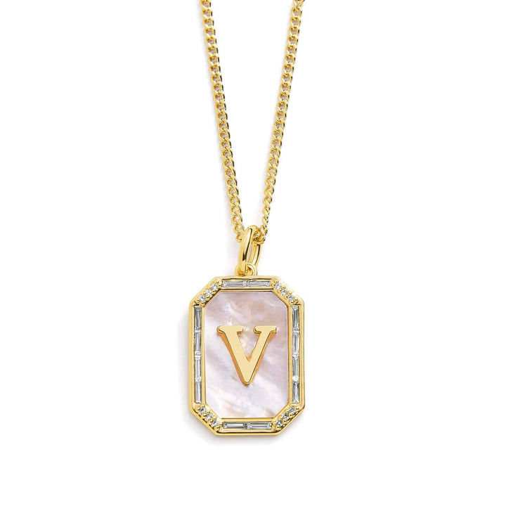 Elegant Mother Of Pearl Initial Necklace - Wearing Felicity Mother-Of-Pearl-Initial-Necklace-Gold-V