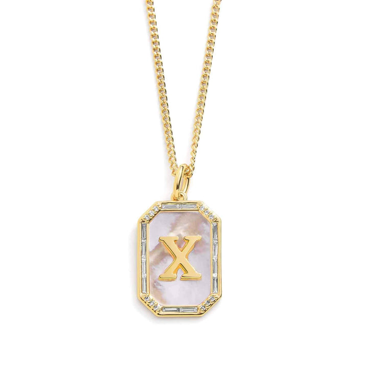 Elegant Mother Of Pearl Initial Necklace - Wearing Felicity Mother-Of-Pearl-Initial-Necklace-Gold-X