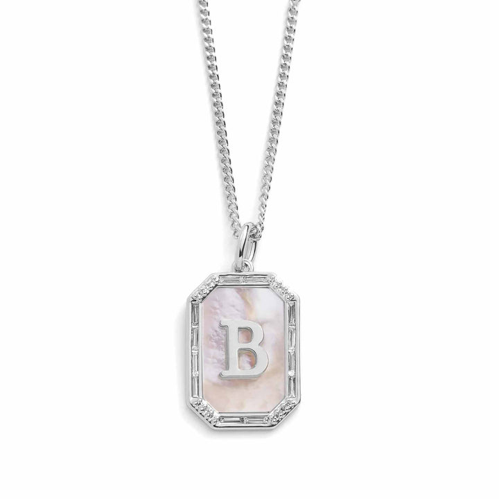 Elegant Mother Of Pearl Initial Necklace - Wearing Felicity Mother-Of-Pearl-Initial-Necklace-Silver-B