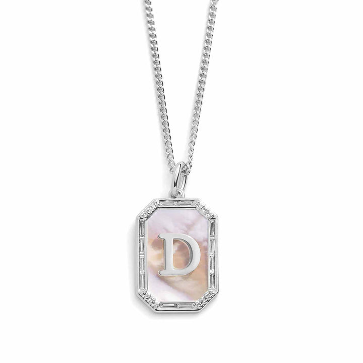 Elegant Mother Of Pearl Initial Necklace - Wearing Felicity Mother-Of-Pearl-Initial-Necklace-Silver-D