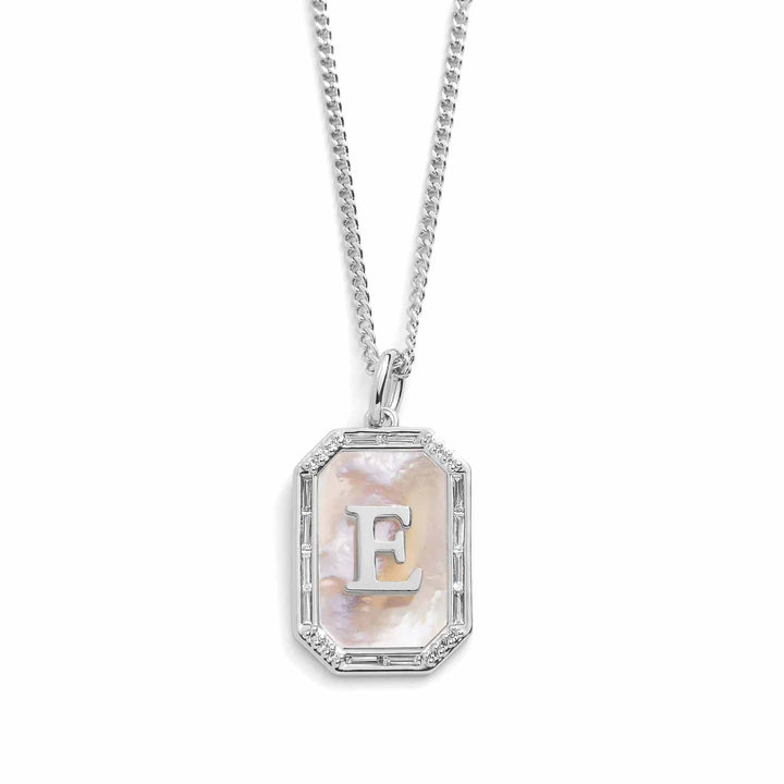 Elegant Mother Of Pearl Initial Necklace - Wearing Felicity Mother-Of-Pearl-Initial-Necklace-Silver-E