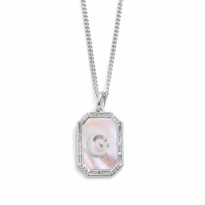 Elegant Mother Of Pearl Initial Necklace - Wearing Felicity Mother-Of-Pearl-Initial-Necklace-Silver-G