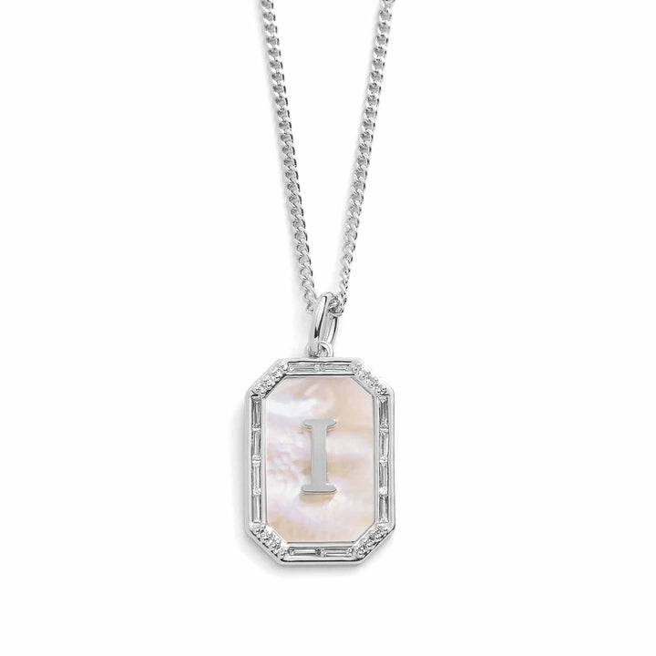 Elegant Mother Of Pearl Initial Necklace - Wearing Felicity Mother-Of-Pearl-Initial-Necklace-Silver-I