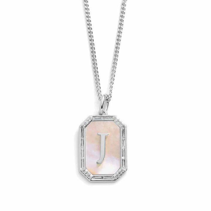 Elegant Mother Of Pearl Initial Necklace - Wearing Felicity Mother-Of-Pearl-Initial-Necklace-Silver-J