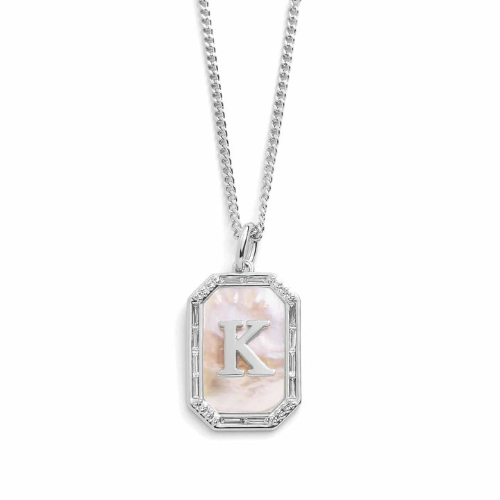 Elegant Mother Of Pearl Initial Necklace - Wearing Felicity Mother-Of-Pearl-Initial-Necklace-Silver-K