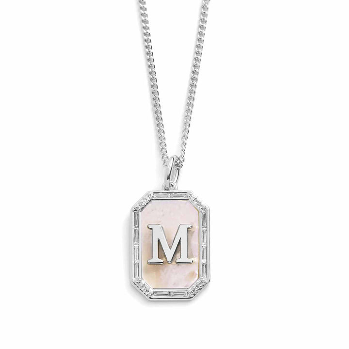 Elegant Mother Of Pearl Initial Necklace - Wearing Felicity Mother-Of-Pearl-Initial-Necklace-Silver-M