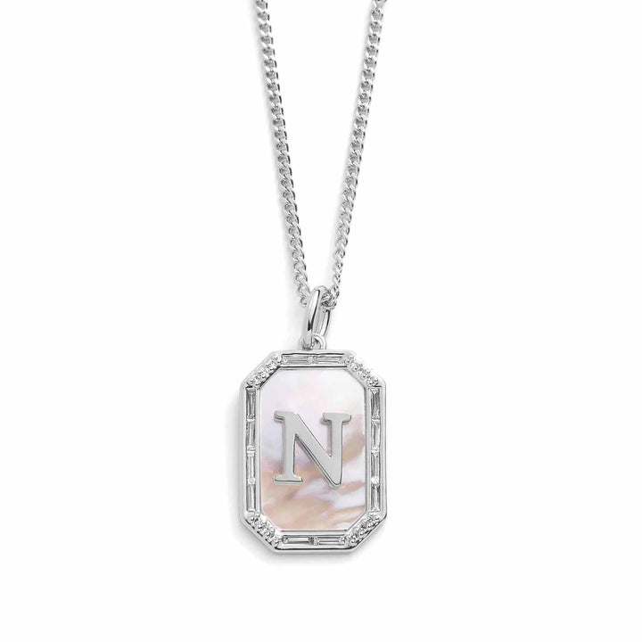 Elegant Mother Of Pearl Initial Necklace - Wearing Felicity Mother-Of-Pearl-Initial-Necklace-Silver-N