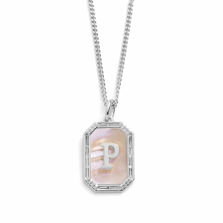 Elegant Mother Of Pearl Initial Necklace - Wearing Felicity Mother-Of-Pearl-Initial-Necklace-Silver-P