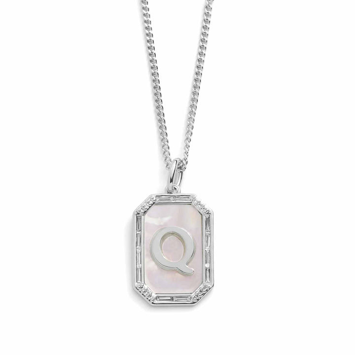 Elegant Mother Of Pearl Initial Necklace - Wearing Felicity Mother-Of-Pearl-Initial-Necklace-Silver-Q