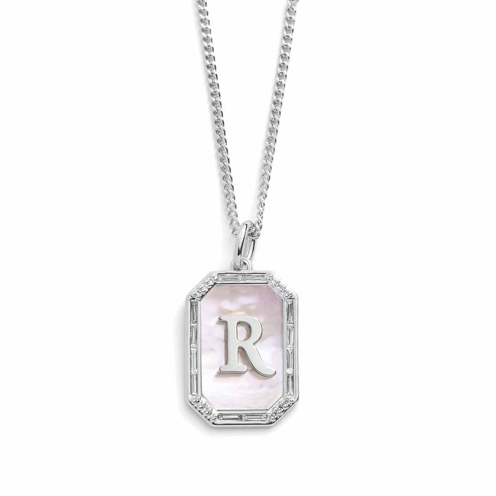 Elegant Mother Of Pearl Initial Necklace - Wearing Felicity Mother-Of-Pearl-Initial-Necklace-Silver-R