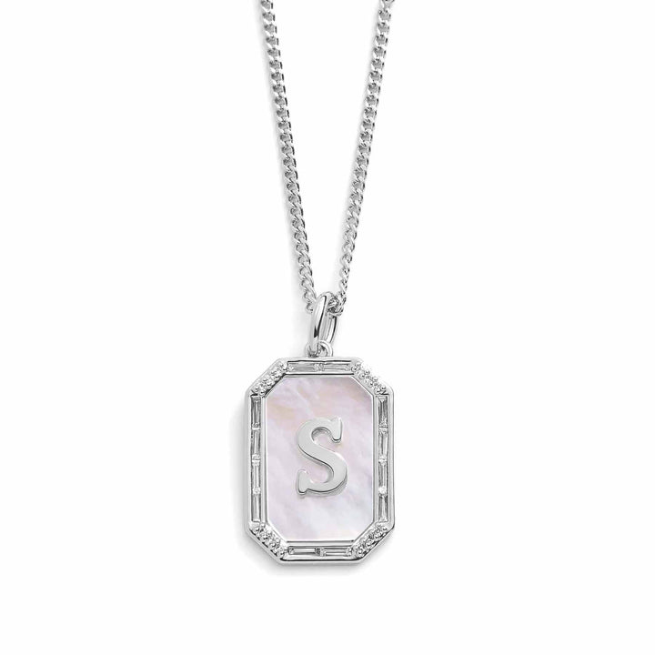 Elegant Mother Of Pearl Initial Necklace - Wearing Felicity Mother-Of-Pearl-Initial-Necklace-Silver-S