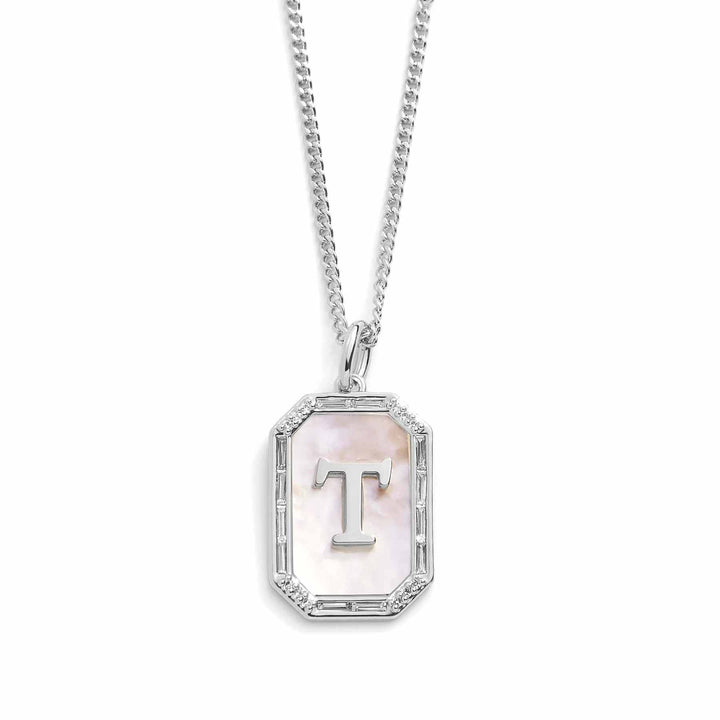 Elegant Mother Of Pearl Initial Necklace - Wearing Felicity Mother-Of-Pearl-Initial-Necklace-Silver-T