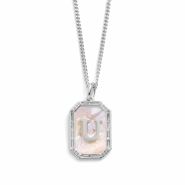 Elegant Mother Of Pearl Initial Necklace - Wearing Felicity Mother-Of-Pearl-Initial-Necklace-Silver-U