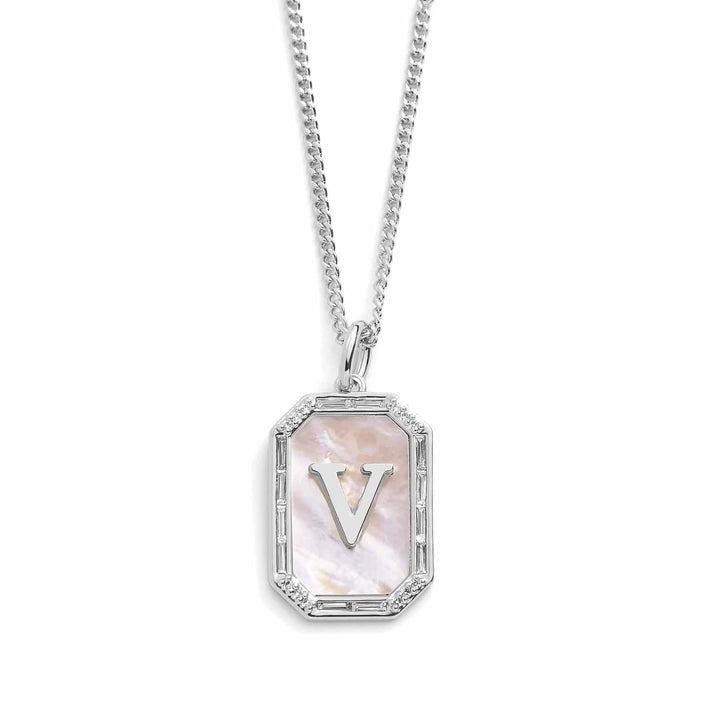 Elegant Mother Of Pearl Initial Necklace - Wearing Felicity Mother-Of-Pearl-Initial-Necklace-Silver-V