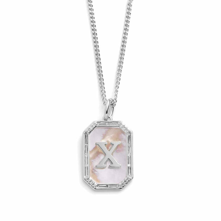 Elegant Mother Of Pearl Initial Necklace - Wearing Felicity Mother-Of-Pearl-Initial-Necklace-Silver-X