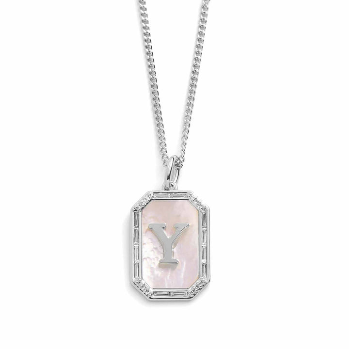 Elegant Mother Of Pearl Initial Necklace - Wearing Felicity Mother-Of-Pearl-Initial-Necklace-Silver-Y