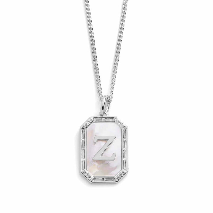 Elegant Mother Of Pearl Initial Necklace - Wearing Felicity Mother-Of-Pearl-Initial-Necklace-Silver-Z