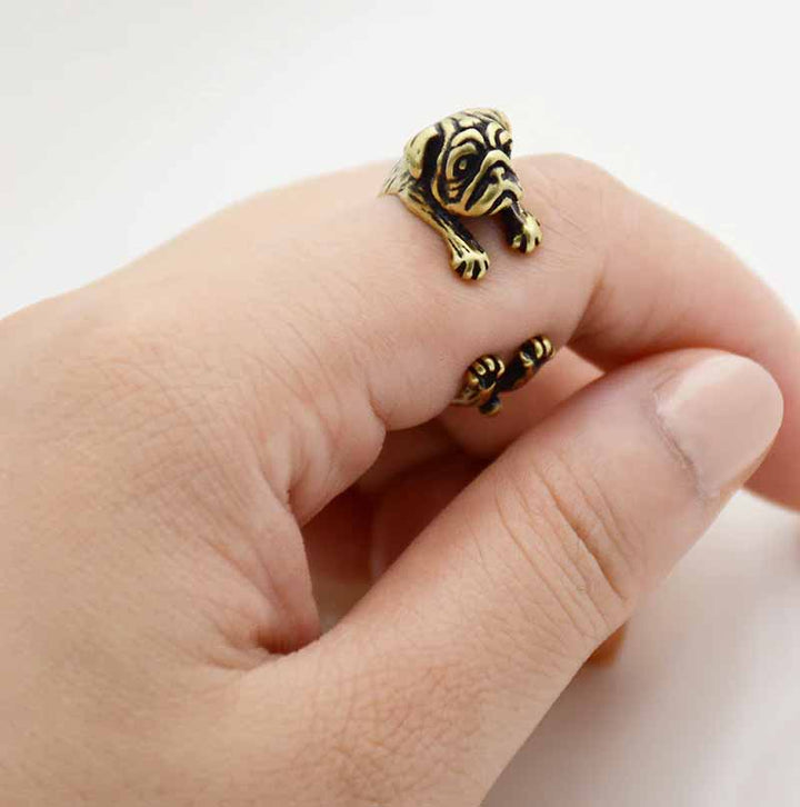 Stylish Pug Wrap Ring - Perfect Dog Lover Gift - Wearing Felicity Pug-Wrap-Ring-Gold