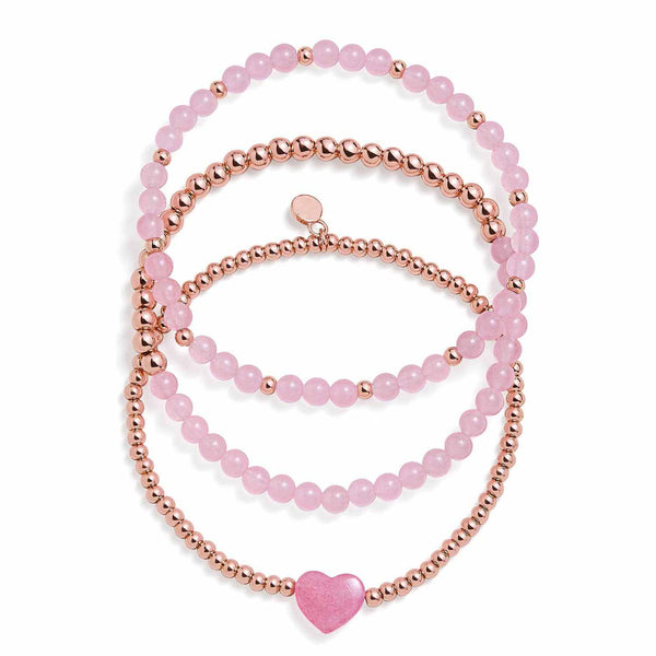 Elegant Rose Quartz Heart Bracelet Set for Sale - Wearing Felicity Rose-Quartz-Heart-Stretch-Bracelet-Set-01