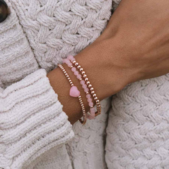 Elegant Rose Quartz Heart Bracelet Set for Sale - Wearing Felicity Rose-Quartz-Heart-Stretch-Bracelet-Set-0